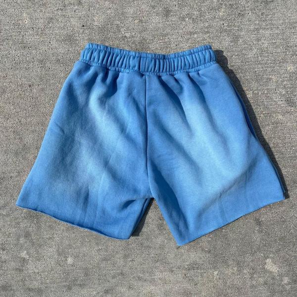 Puff Impressão curtos calções lavados a ácido azul Corte de algodão cru Fleece Zipper bolsos Streetwear Suor