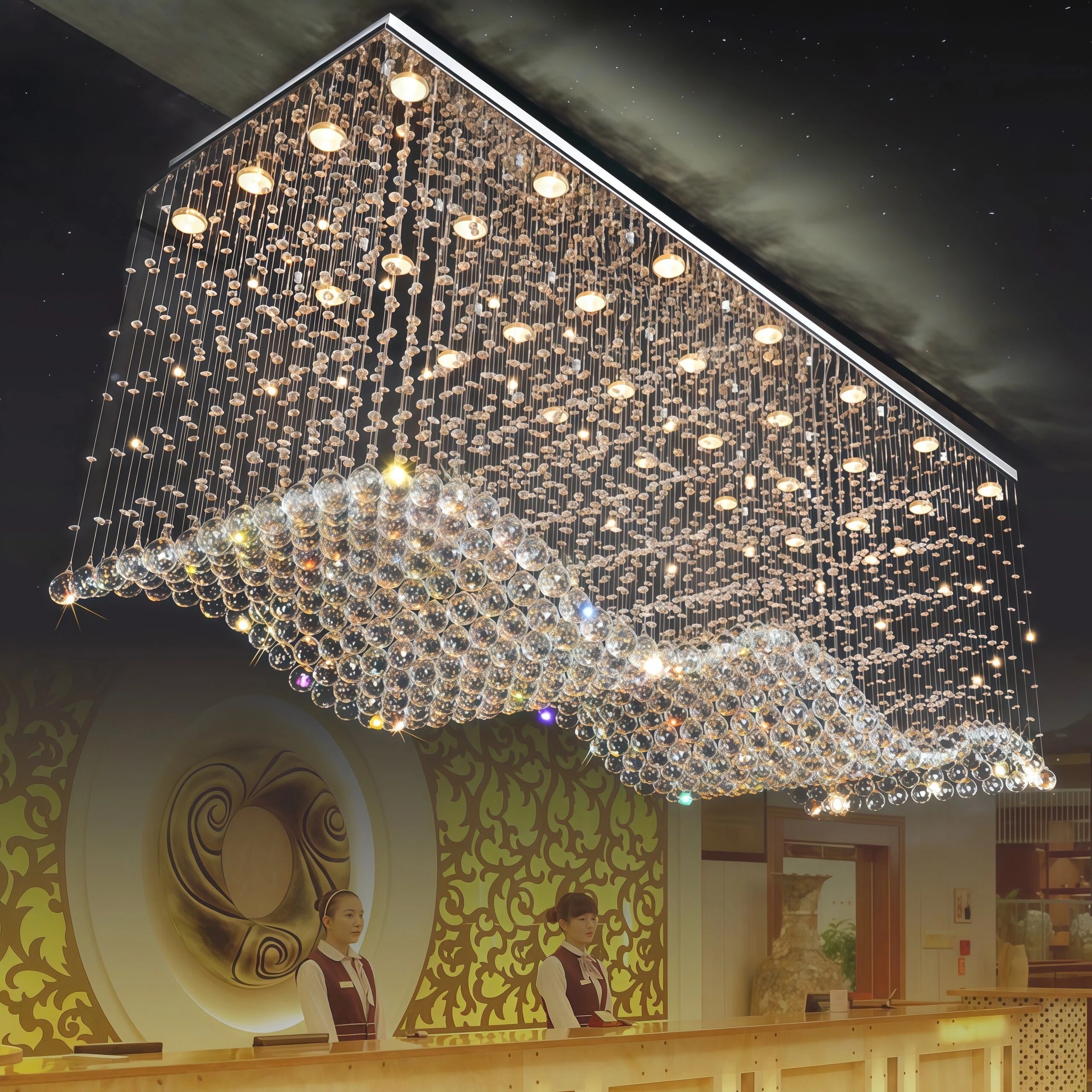 JYLIGHTING Wave Rectangular Stainless Steel Crystal Chandelier, Waterfall Tassel Crystal Pendant Lamp, Large Decorative Ceiling Light for Hotel Lobby, Sales Office & Banquet Hall Engineering