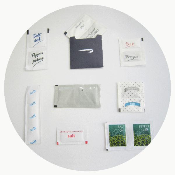 AIRLINE CONDIMENTS PACK, CONDIMENTS FOR AIRLIINE, SUGAR, SALT, PEPPER, CREAM, CANDY, TISSUE