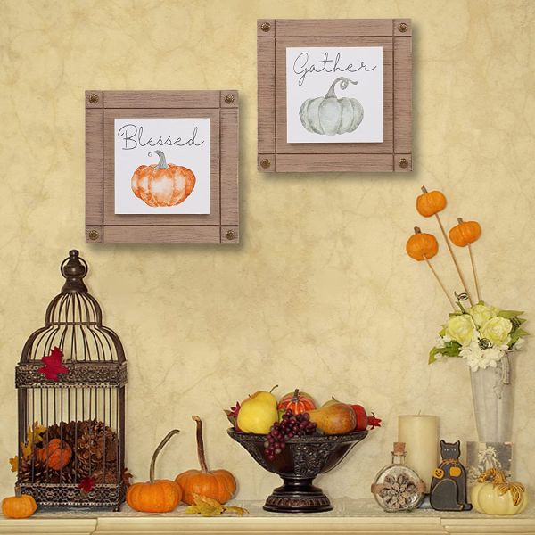Thanksgiving Decorations Set of 2 Wooden Tabletop Sign Fall Autumn Pumpkin Frames Centerpieces for Home Kitchen Tiered Tray Dec