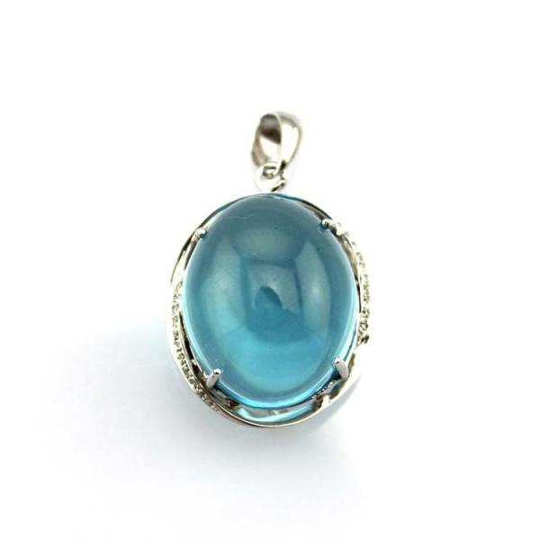 Women Fashion Oval Dome Blue Topaz Cubic Zircon Pendant 925 Silver Chain Necklace (PSJ0187)