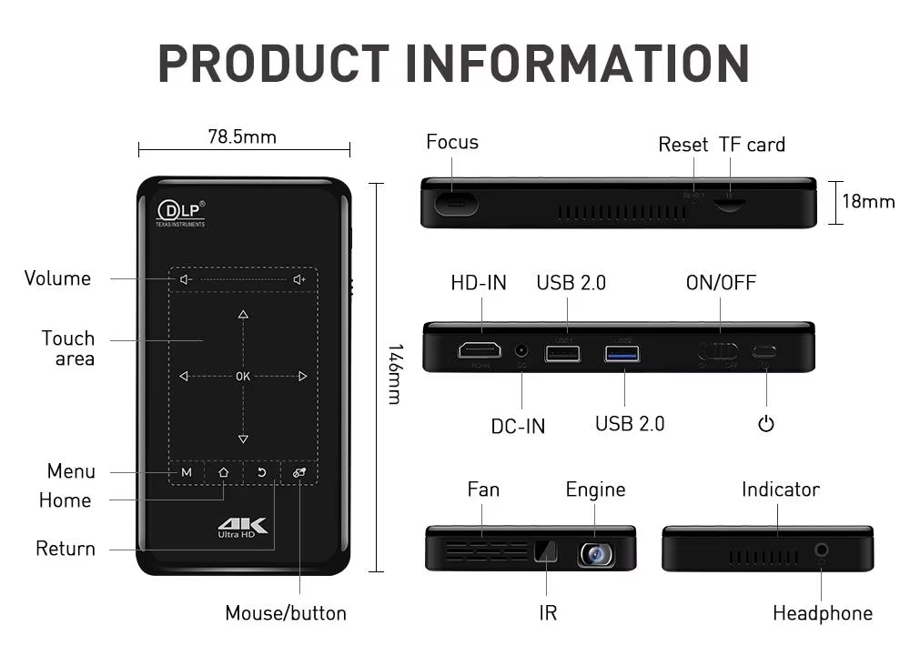 Portable Mini Projector Android 9 HD-MI Input 3D 4K Movie Projector P09-II with Mirroring DLP Projector