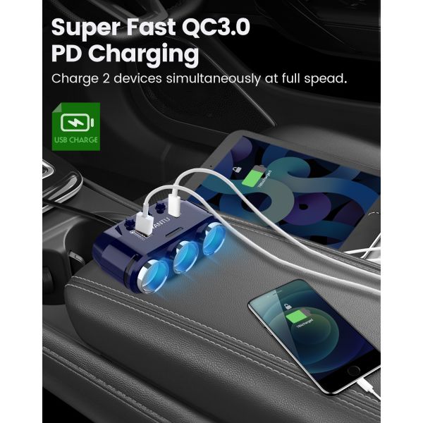 MAX 120W YANTU B39-C 12v Car Charger Adapter with Dual USB QC PD and Voltage Monitoring