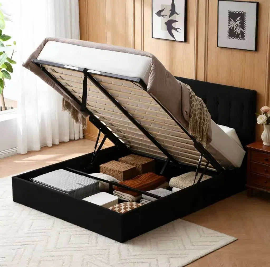 Cozy Black Upholstered Ottoman Bed with Hidden Storage