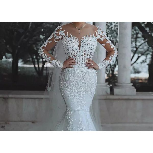 Soft Long Sleeve Mermaid Wedding Gown Long Fishtail Special Beaded