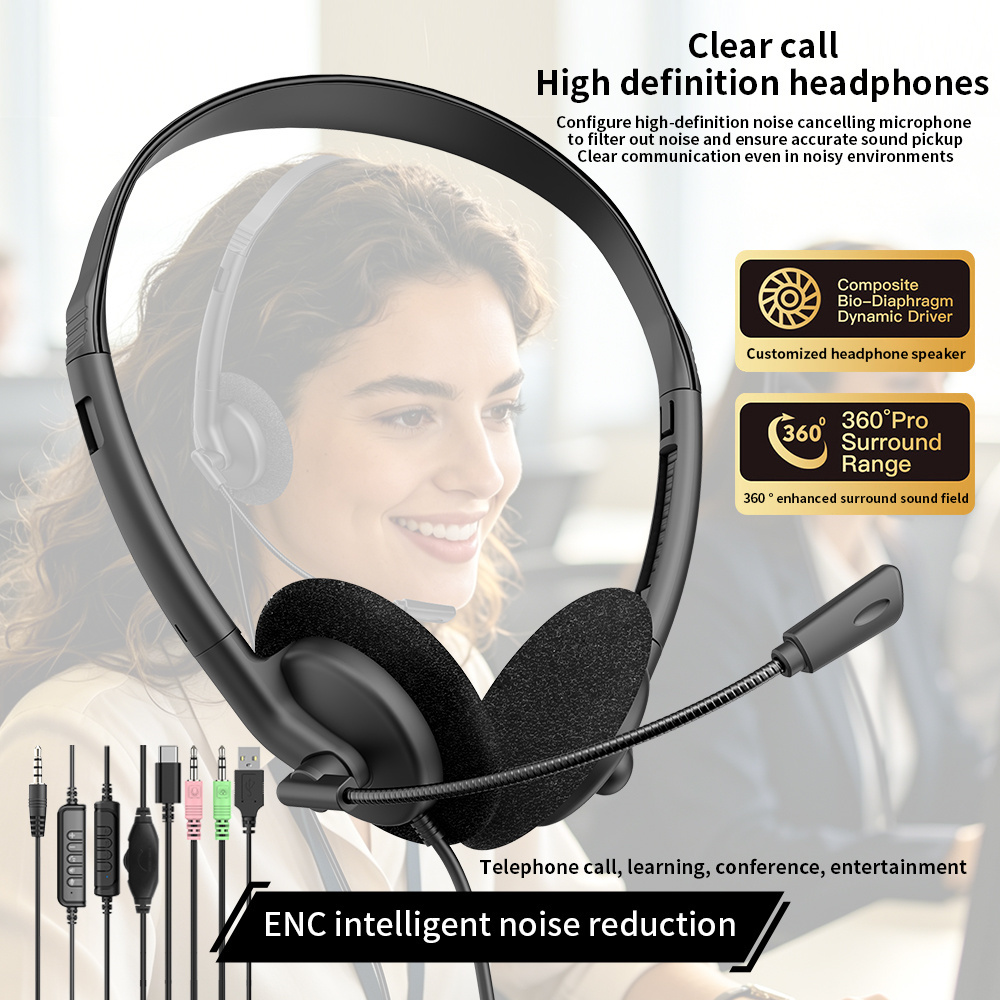 Lightweight wired telephone headset with ENC noise‑cancelling flexible boom microphone. Supports USB, Type‑C & 3.5mm jack, perfect for call centers, remote work, online meetings and classes，OEM & ODM