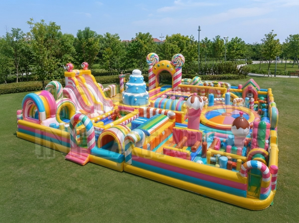 Large Inflatable Candyland Fun Park with Double Slides Interactive Games and Colorful Decorations for Rental Projects