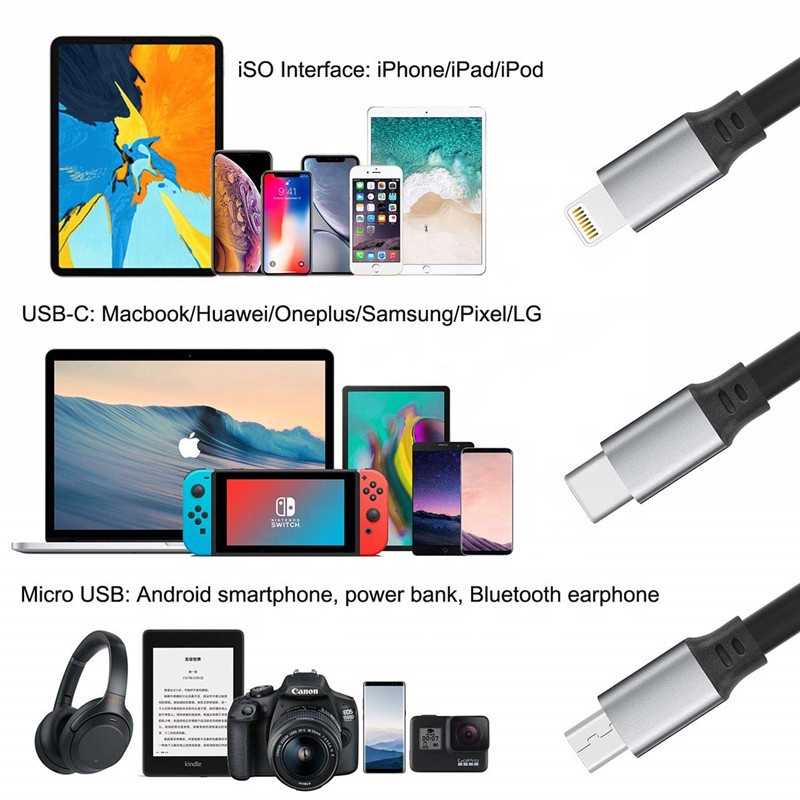 нейлон кабеля 14cm заряжателя USB 2.4A быстрый поручая заплел 3 в 1 ключевом цепном кабеле данных