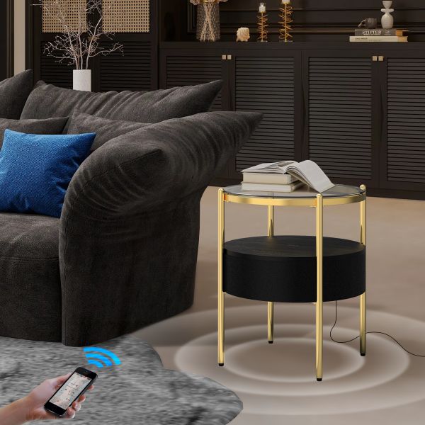 Tempered glass Tier Side Accent Table speaker with USB Ports for Living Room Bedroom