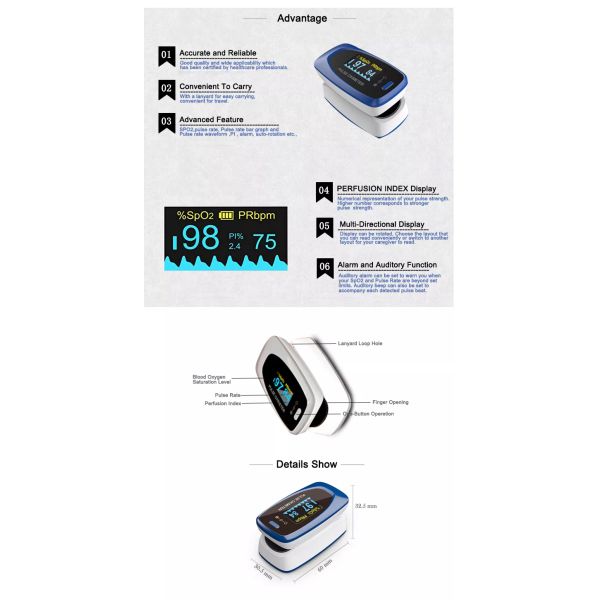 PR PI Fingertip Pulse Oximeter Blood Oxygen Saturation Monitor With Pulse Rate Spo2 Home
