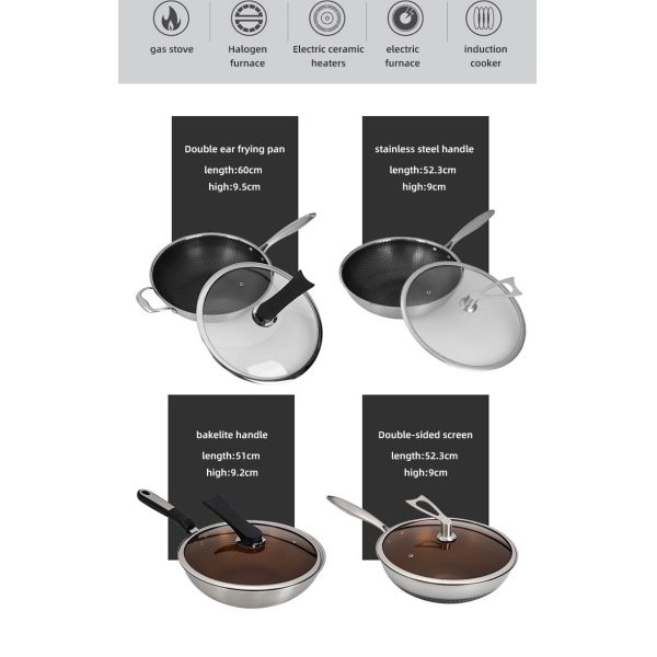 Factory Wholesale PFOA Free Non Stick Works 18/8 Stainless Steel Wok Pan with Glass Cover