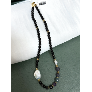 Pastel Color Baroque Pearl Necklace with Black Beads and Adjustable Length