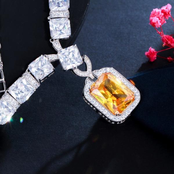 Square Shaped Pendant Necklace with Dazzling CZ Fashion Necklace Bracele Earring  Wedding Necklace Jewelry Sets