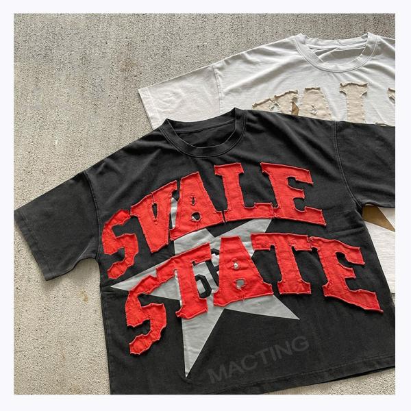 T-shirts gráficos personalizados para homens DTG Impressão Vintage Distressed Patch Embroidery Acid Wash