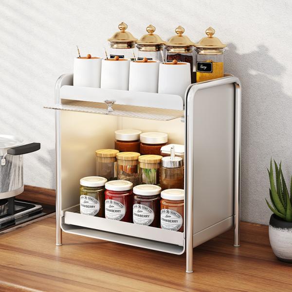 Bedroom Desktop With Cabinet Doors Makeup Display Cabinet Organize Shelf 2 Tier Spice Storage Rack Metal Dust Proof Cup Holder