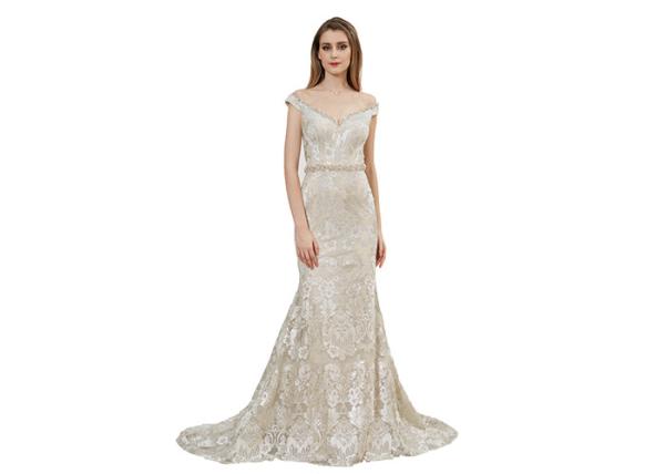 V Neck Beading Sweep Train Mermaid Prom Dress Short Sleeve European Style