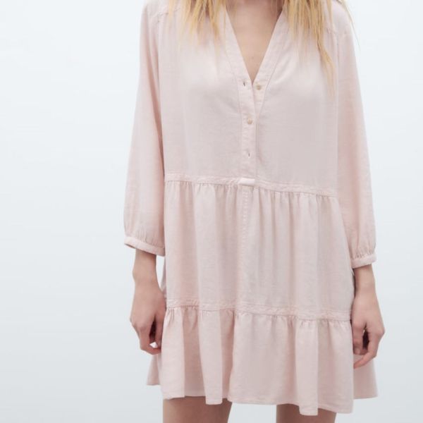 MID Long Sleeves Cotton Casual Dress Pleated Skirt Polyester