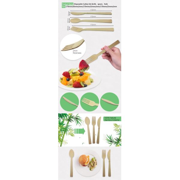 Compostable Disposable Cutlery Set Eco Friendly Bamboo Fork Spoon Knife for Everyday