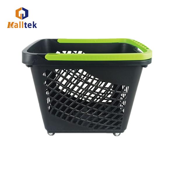 Grands paniers de courses en plastique avec poignée pour supermarché, 4 roues, noirs