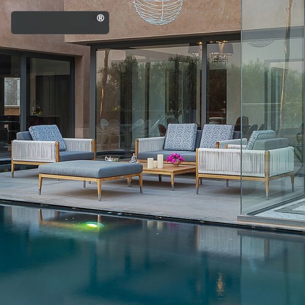 Outdoor Hotel Teak Table And Sofa Set Woven Rope Sofa For Garden Furniture