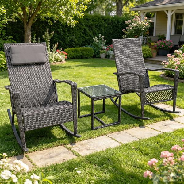 All-Weather PE Rattan Rocking Chair Set Outdoor Patio Conversation Wicker Rockers Tempered Glass Coffee Table for Balcony