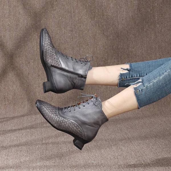 HZM027 Real Cowhide Women'S Martin Boots Autumn And Winter New Fashion Short Boots Casual Wild Woven Leather Boots Smoke