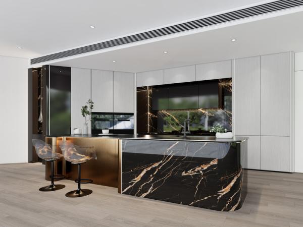 Armário de cozinha moderno de luxo com ilha de ouro metálico curvo multifuncional