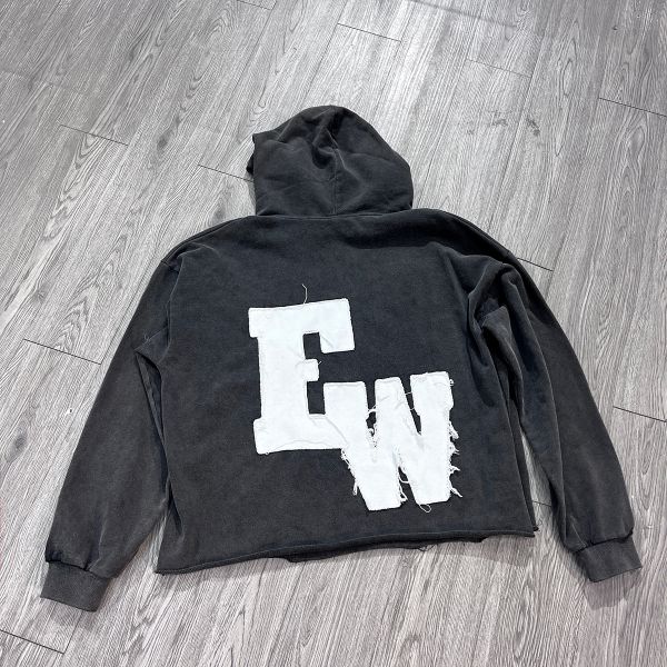 Sudadera con capucha con etiqueta de impresión personalizada, vintage, cruda, de corte cuadrado, con bordes cortados, apliques y bordados, para hombre