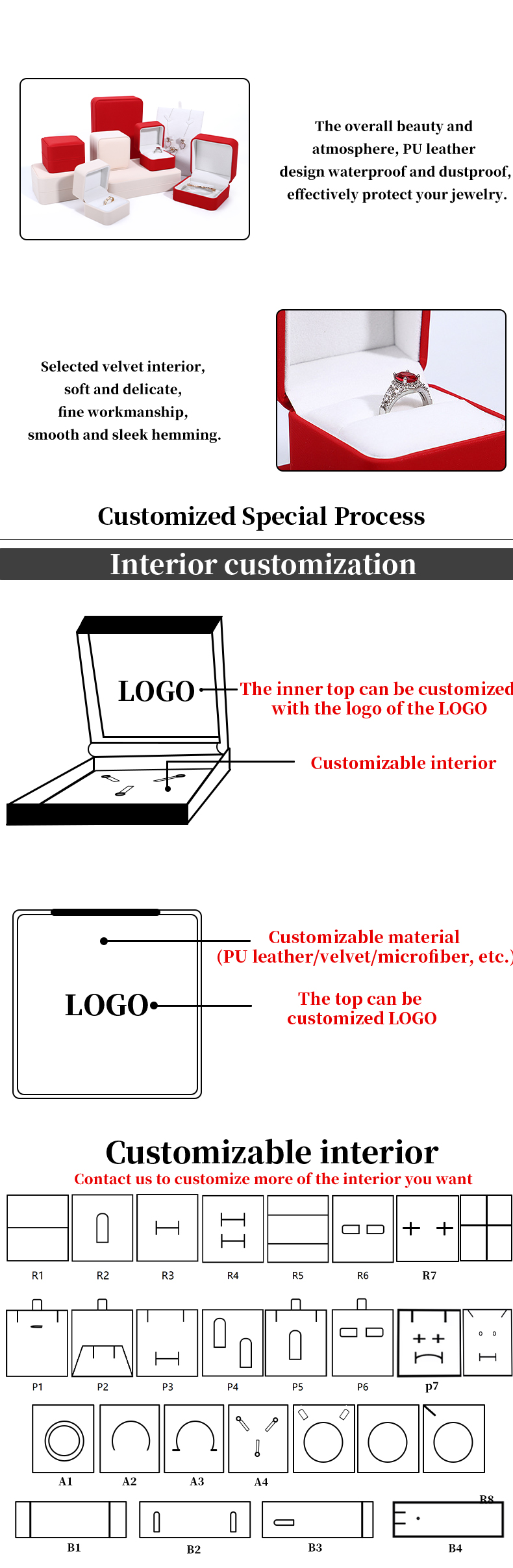 Caja de embalaje de collar de lujo personalizado en cuero PU rojo con revestimiento de terciopelo y Contacta con nosotros