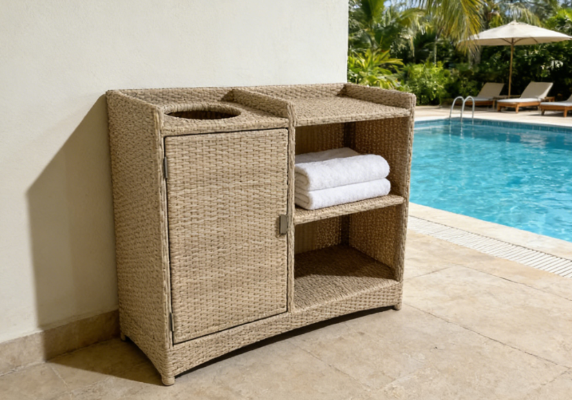 All in One Handwoven Rattan Towel Storage Solution with Towel Bin for Hotel Pool Resort