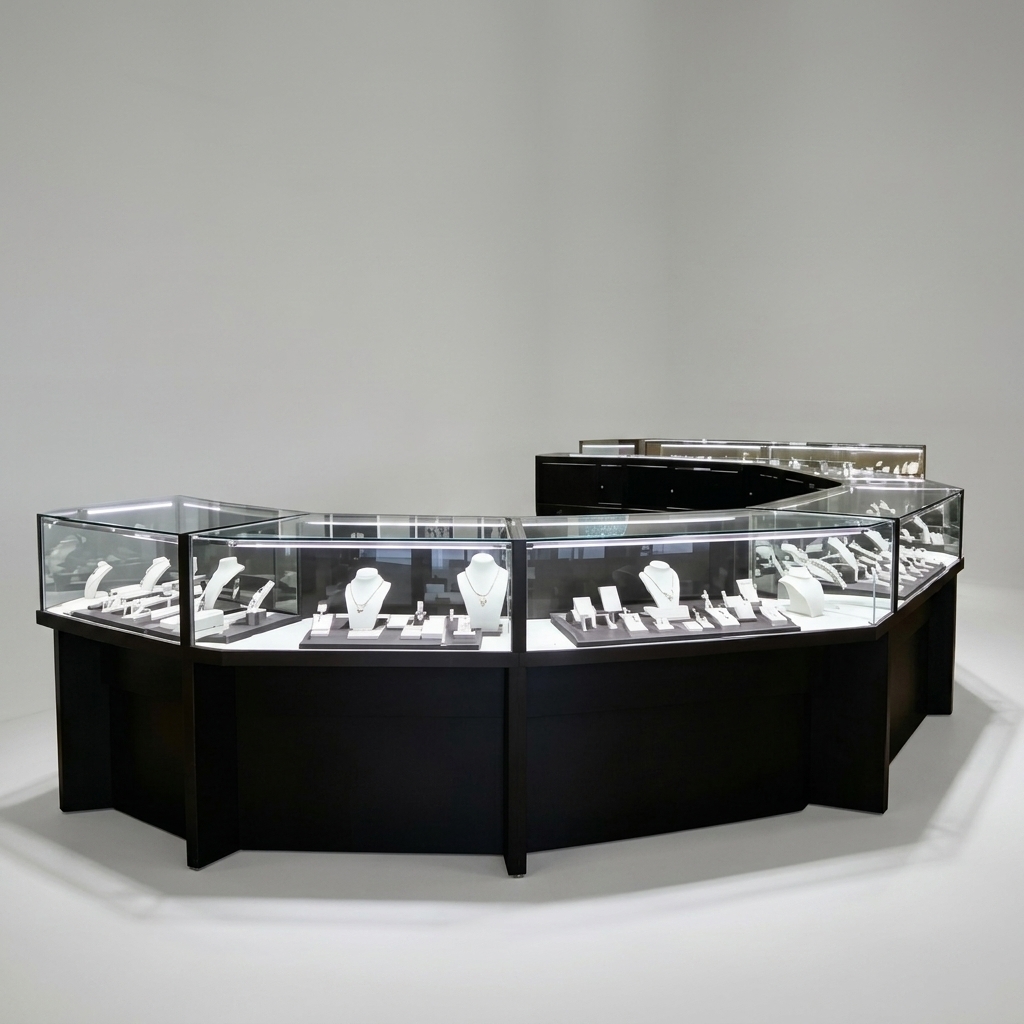 Black Octagon Combined Jewellery Counter LED Glass Display Showcase Matching Wall Cabinets Complete Jewelry Store Cabinet Kit