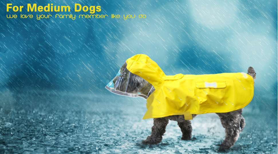 Dog Waterproof Raincoat with Poncho Hoodie, High Reflective Adjustable Yellow Pet Rain Jacket with Leash Hole