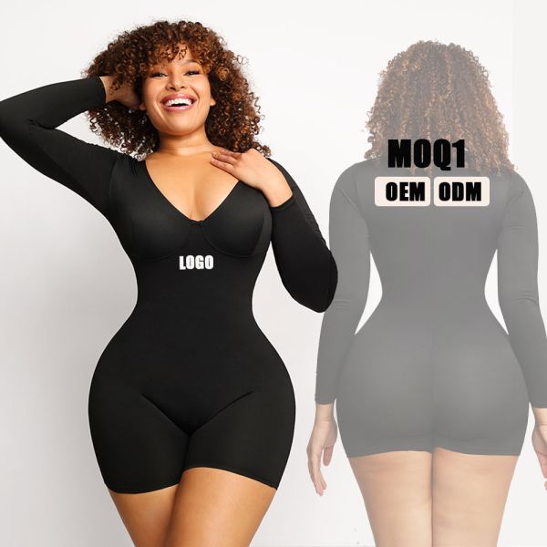 Женский V Neck One Piece Long Sleeve Belly Control Fall Боди костюм для фитнес-одежды