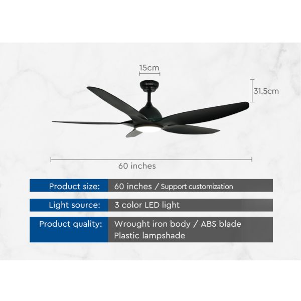 led ceiling fan fã de teto 60inch de baixo nível de ruído 38W com controlo a distância bem escolhido de 5 velocidades