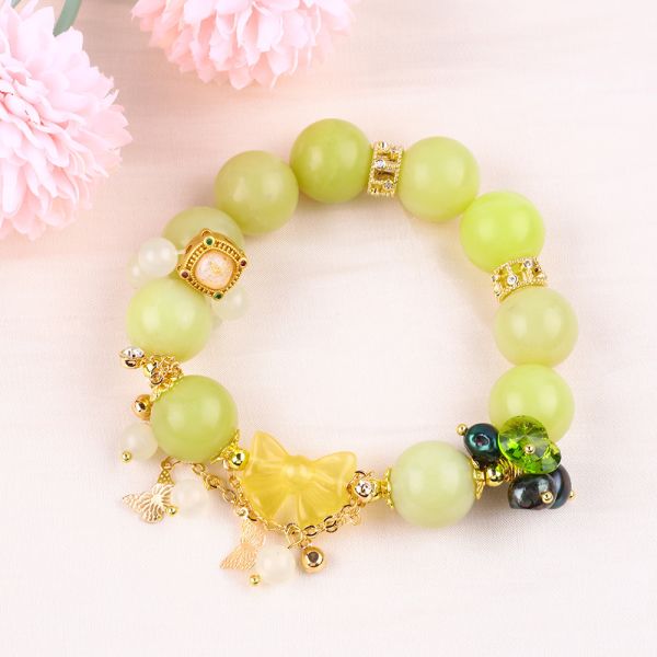 Handmade Gemstone Beaded Bracelet Lemon Jade Stone Bracelet Adjustable Peal Charms Bracelet For Party Daily Wearing
