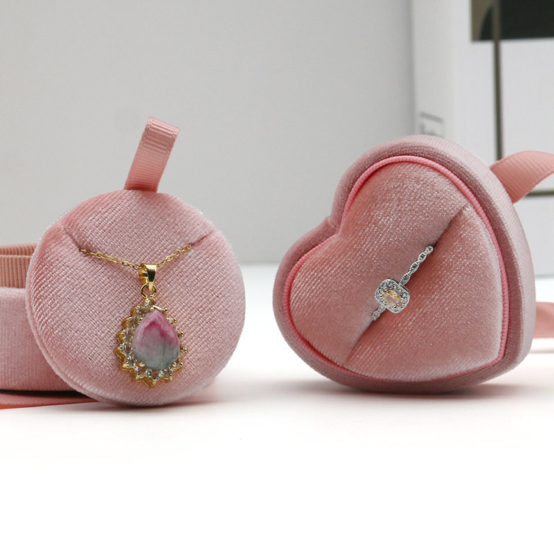 Hinge Closure Jewelry Box Packaging With Ribbon Pink Heart Velvet For Wedding Ring