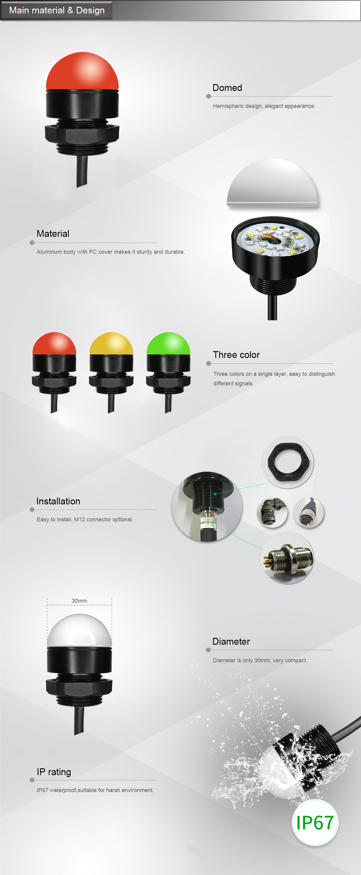 ONN-M4B-30 Tri Color DC24V LED Signal Tower Light 30mm Diameter For CNC Machine