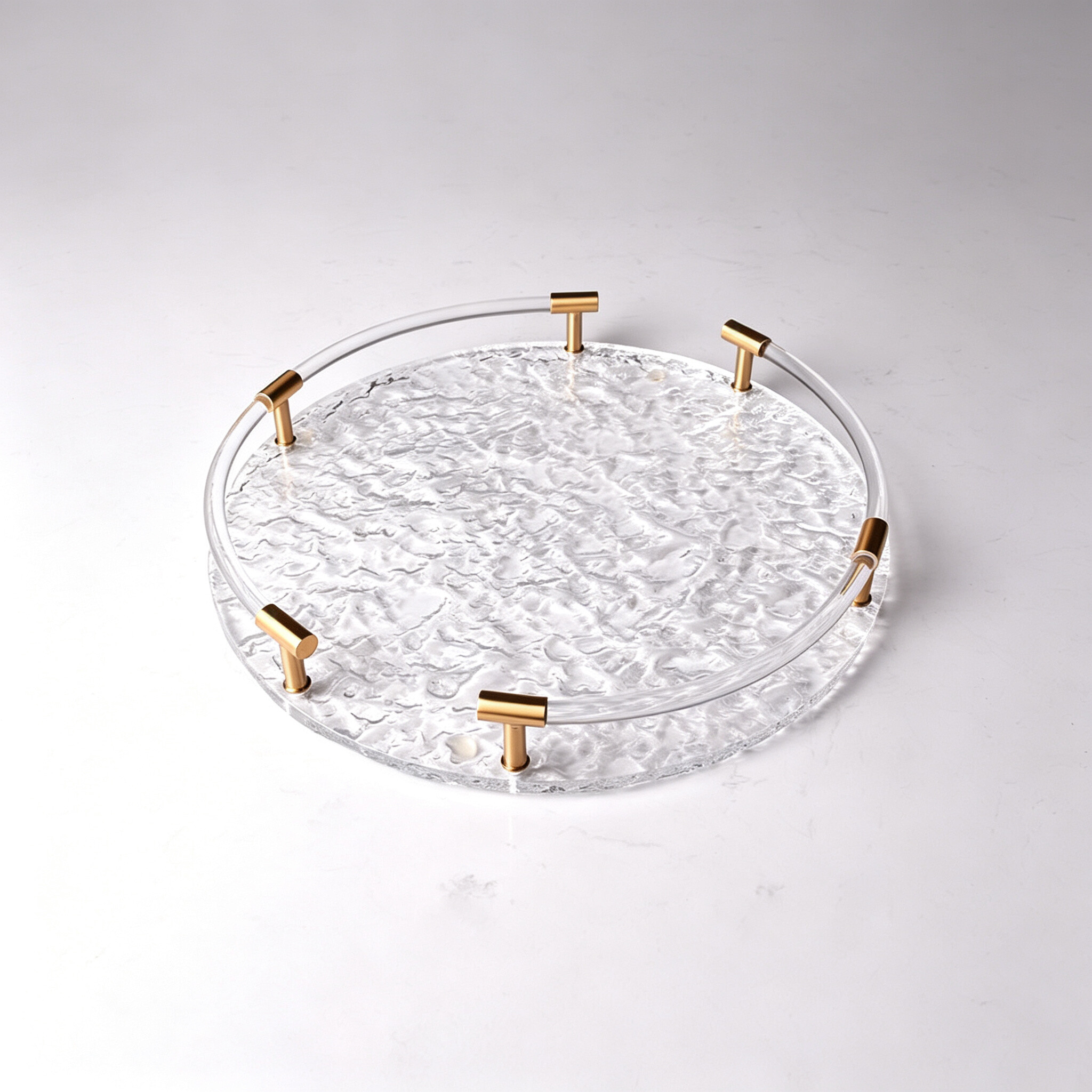High Transparent Round Acrylic Tray With Metal Handles, Decorative Serving Tray