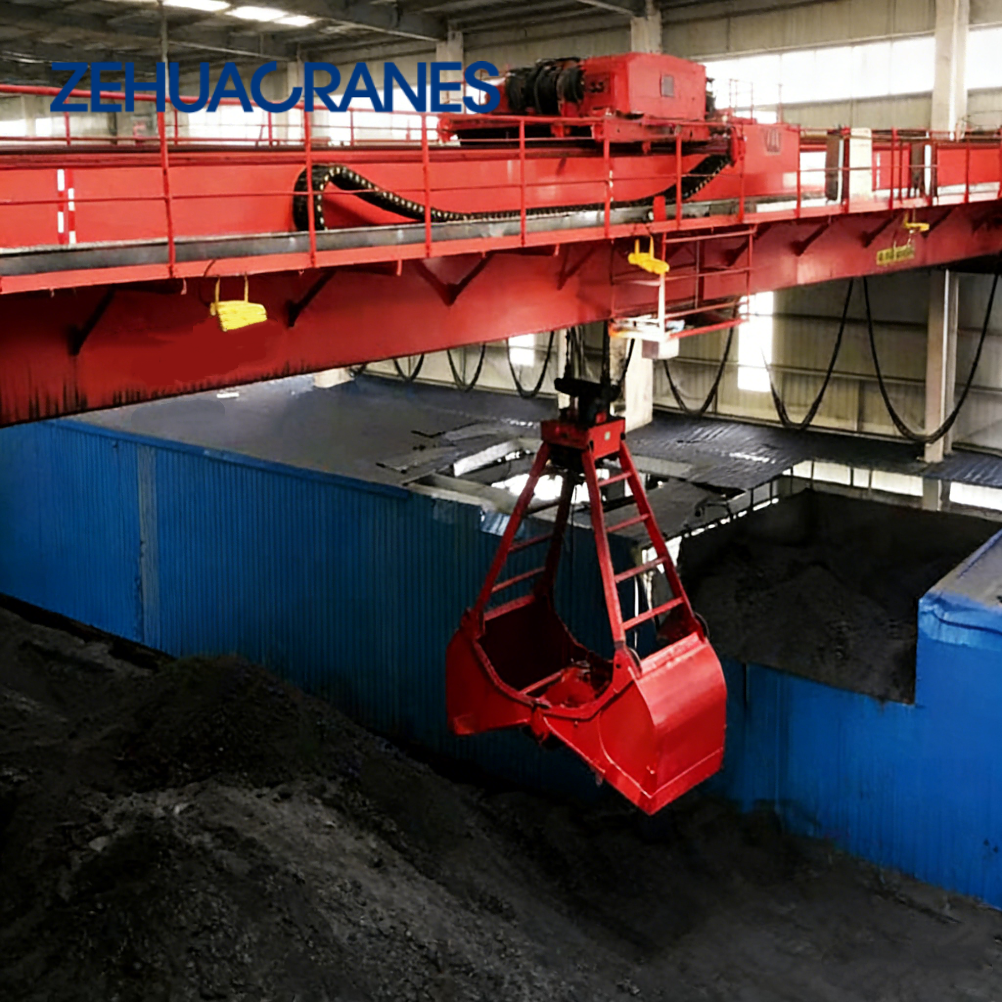 Zehua Intelligent Double Girder Overhead Crane PLC Control Customizable Span with Clamshell Grab for Cement Handling