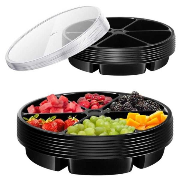 10 Inch Disposable Divided Plastic Food Tray Platter Appetizer Tray With Lid Round Plastic Serving Tray