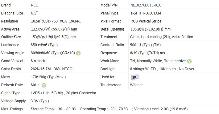 6.5 pulgadas XGA Resolución 1024 * 768 Panel LCD NL10276BC13-01C Nivel de vibración alta para aplicaciones industriales