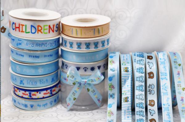 Ruban d'emballage pour la fête des enfants avec bouquet de pâtisserie cadeau et sangle, impression tissée en polyester bleu couleur
