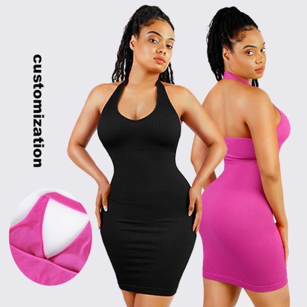 Pink Body Shaper Shapewear Seamless Halter Neck Deep U Outer Wear Dress for Women in Summer