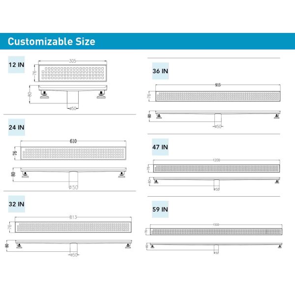 Linear 24 Inch Shower Drain , Square Floor Drain Brushed 304 Stainless Steel Material