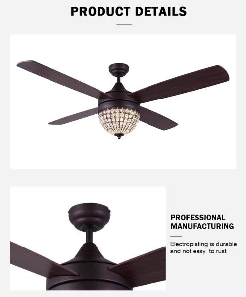 Fabrique en gros source d'usine 52 pouces Fan de refroidissement d'air moderne de luxe Fan de lampe de cristal Fan ORB Ventilateur de plafond Lumière avec 4 lames de contreplaqué, incluant la télécommande