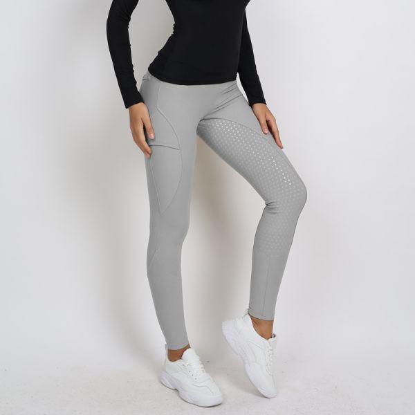 Light Gray Women Riding Leggings Pockets Equestrian Training Pants With Silicone Grip