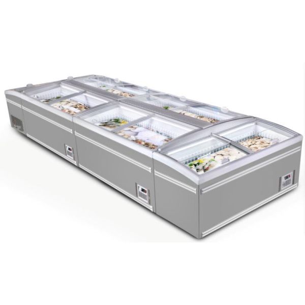 Supermarket Commercial Island Freezer / Sliding Glass Curved Lid Chest Combined Island Fridge