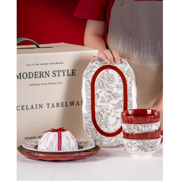 Business Gifts Technique Under Glazed Porcelain Dinner Set For Red Spring Festival