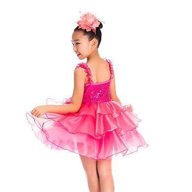 Flower Kids Dance Clothes Straps Sequines Bodice Tiers Organza Dress With Ruffled Skirt