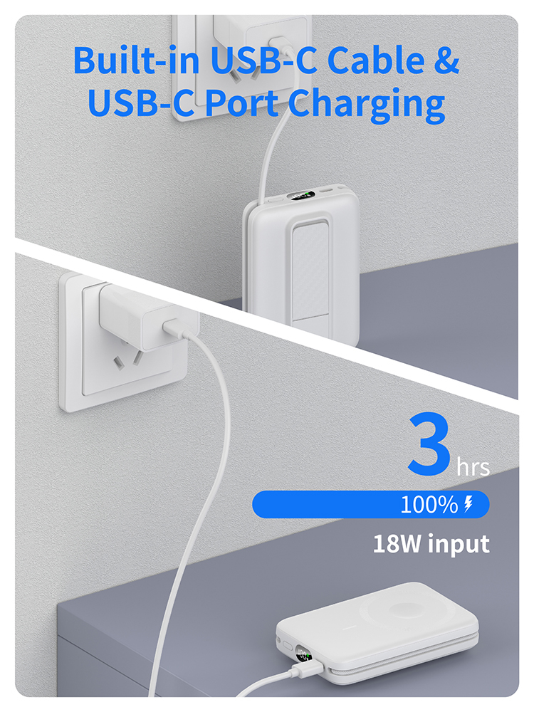 10000mAh Magnetic Wireless Power Bank, 3‑in‑1 Portable Charger with Built‑in Lightning & Type‑C Fast Charging Cables, Foldable Stand, LCD Digital Display, Compact External Battery Pack for Phones